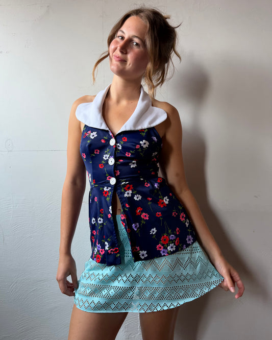 70s Collared Button Halter Top [S]