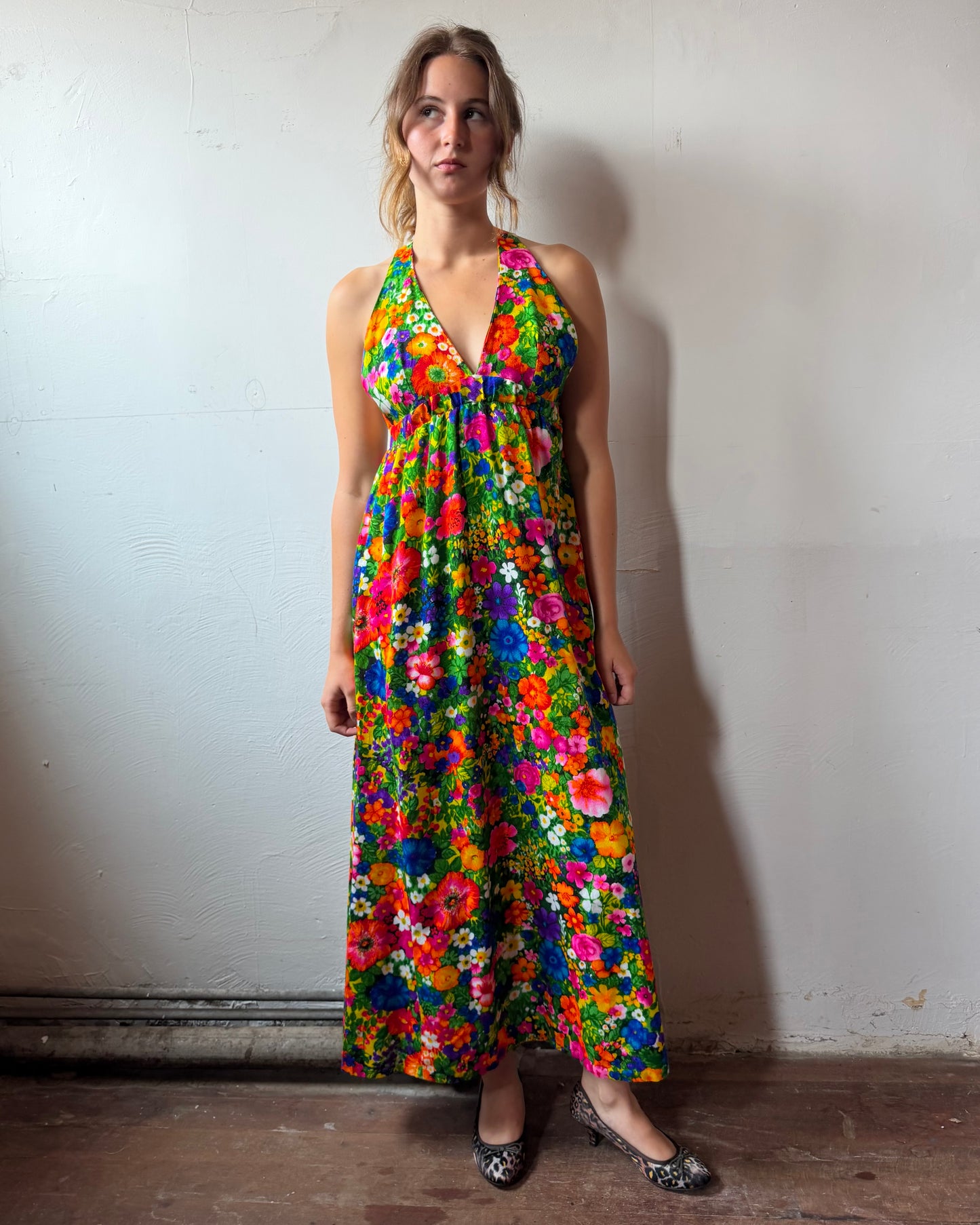 70s Dayglo Barkcloth Backless Maxi Dress [XS/S]