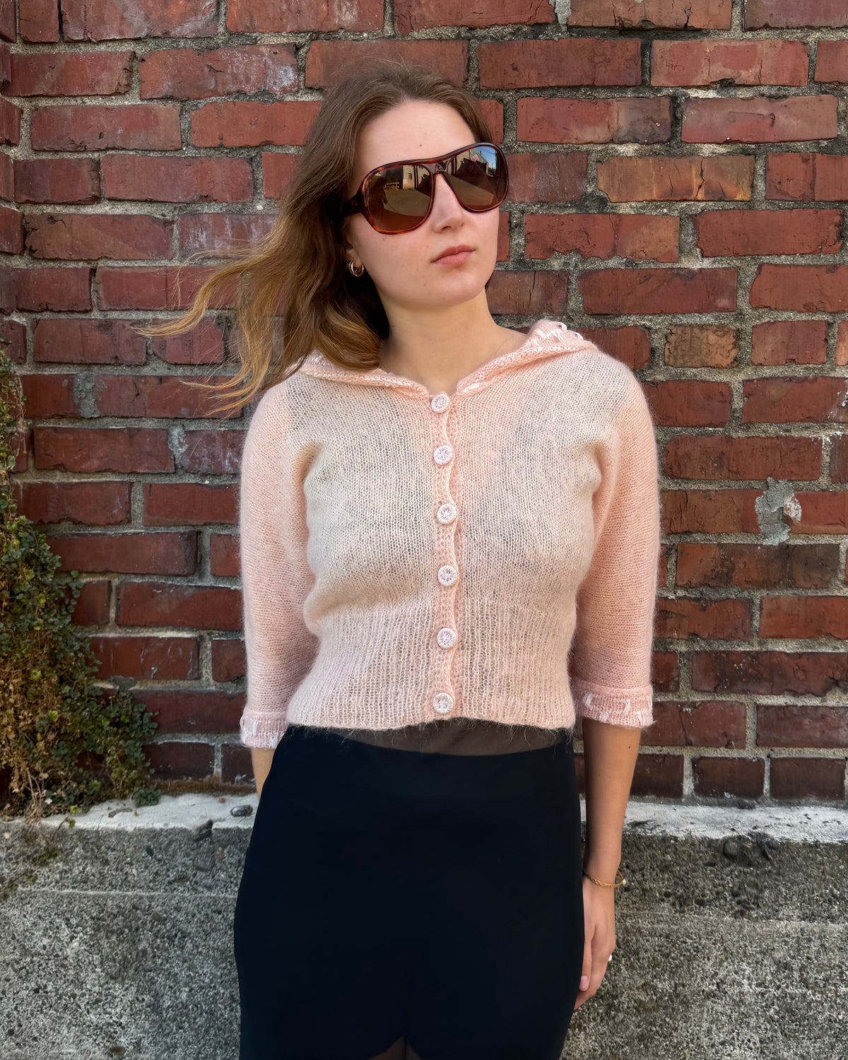 50s Baby Pink Sailor Collar Mohair Cardigan [S/M]